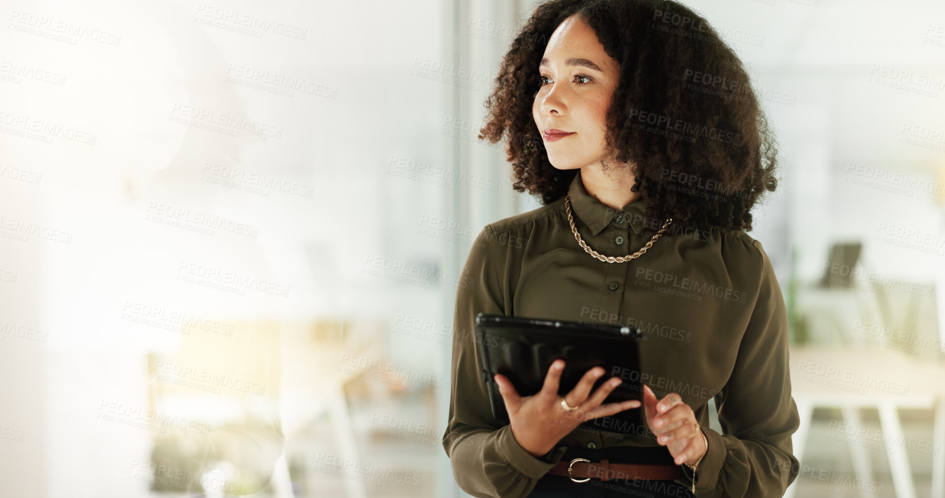 Buy stock photo Woman, thinking and tablet at window for business, career opportunity and space in office. Female employee, technology and reflection at glass mockup for planning, mindset or bright future in company