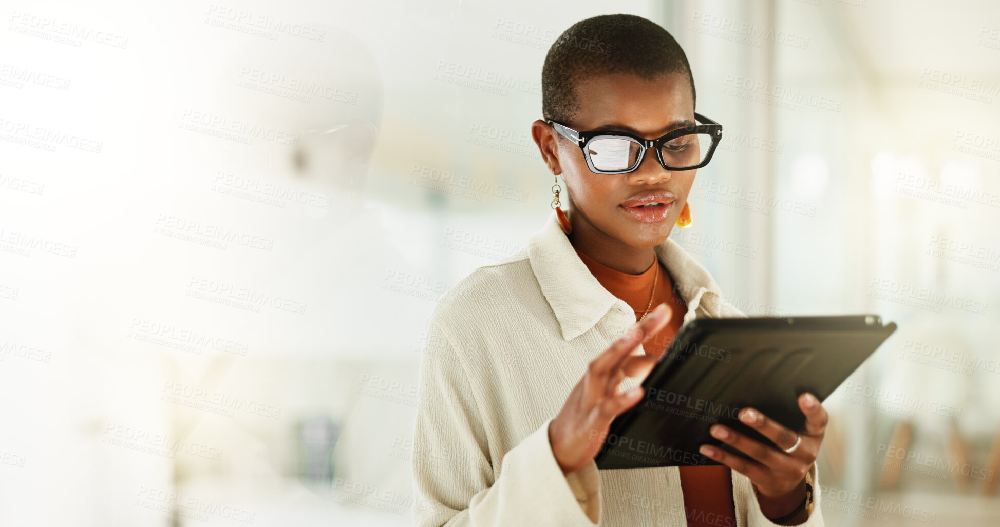 Buy stock photo Editing, reading and tablet with business black woman in office as artistic publication designer. Creative, development and technology with illustrator in workplace for online graphic design space