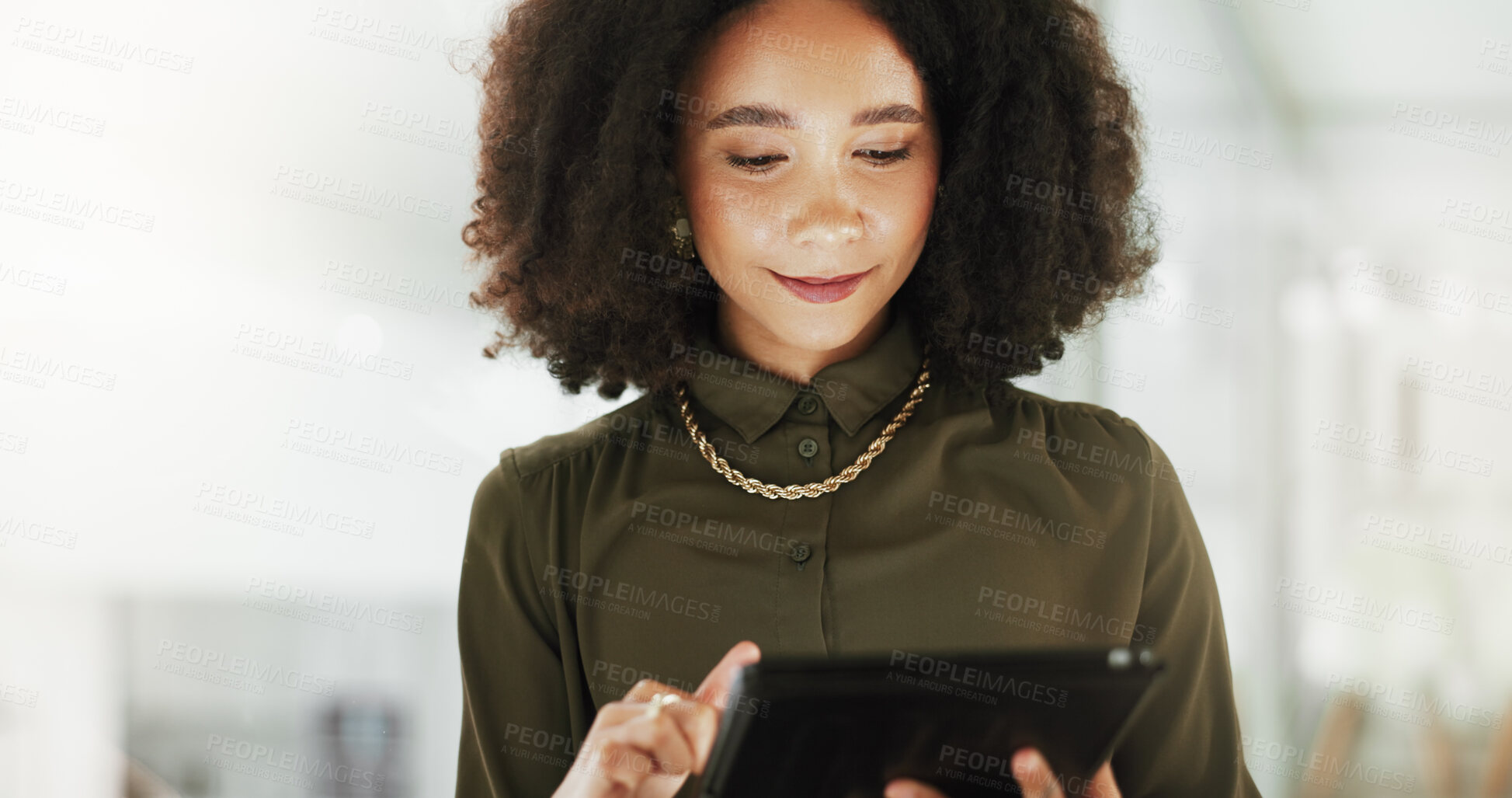 Buy stock photo Editing, graphic design and tablet with business woman in office as artistic publication illustrator. Creative, reading and technology with Mexican person in professional workplace as web designer