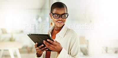 Buy stock photo Editing, idea and tablet with business black woman in glass office as artistic publication designer. Future, planning and vision with happy illustrator in workplace for online graphic design