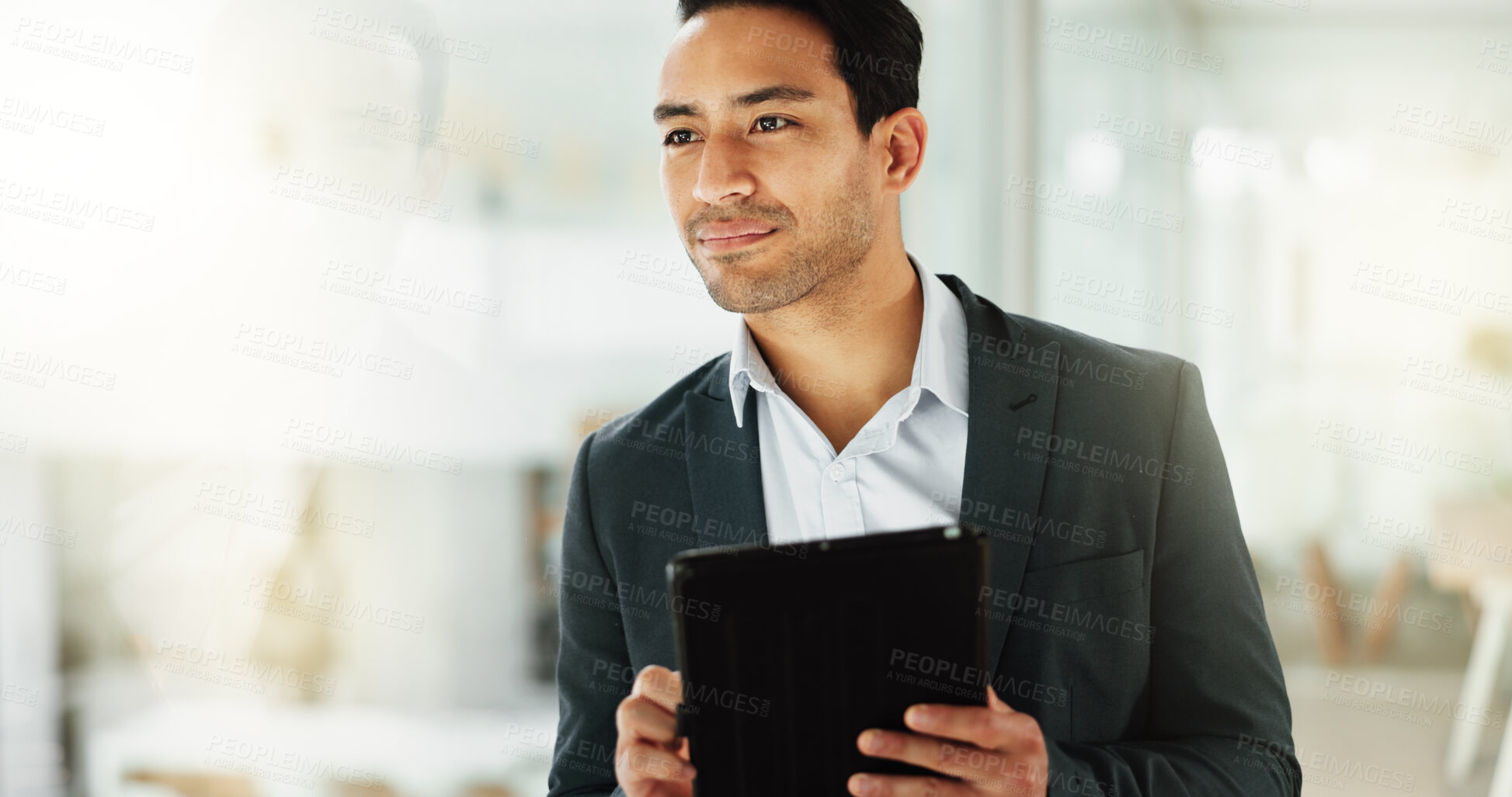 Buy stock photo Thinking, tablet and business man in office for email,  evaluation and finance decision on app. Digital technology, employee and planning, vision and investment opportunity for profit at hedge fund