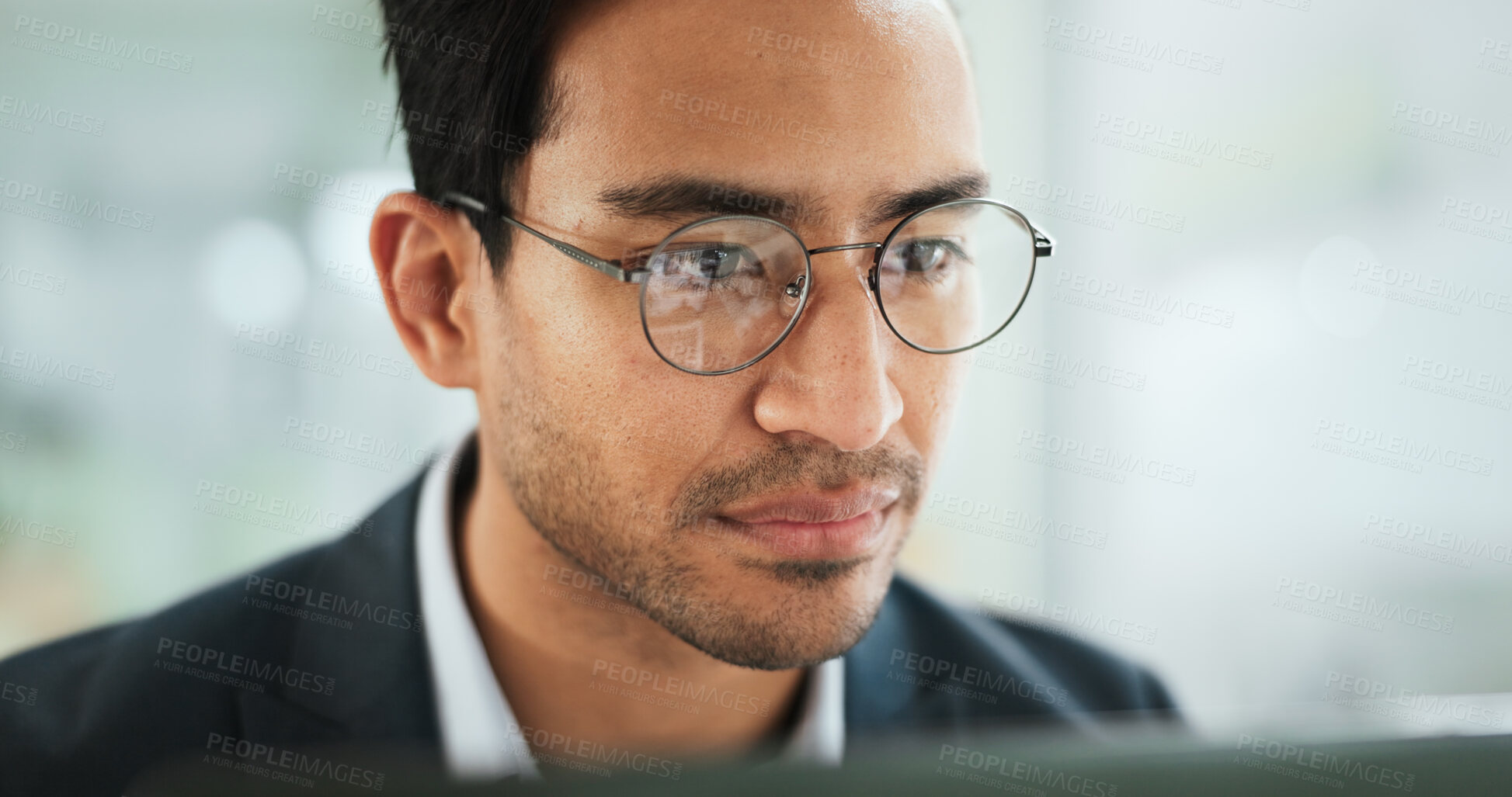 Buy stock photo Face, glasses and laptop with business man in office for administration, report or research. Accounting, computer and reading with employee person in workplace for financial or wealth management