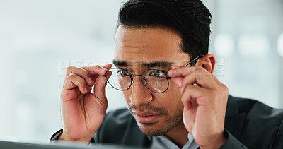 Buy stock photo Glasses, adjust and business man in office for reading email,  budget review and finance update on technology. Spectacles, employee and check report online, face and vision to research on internet