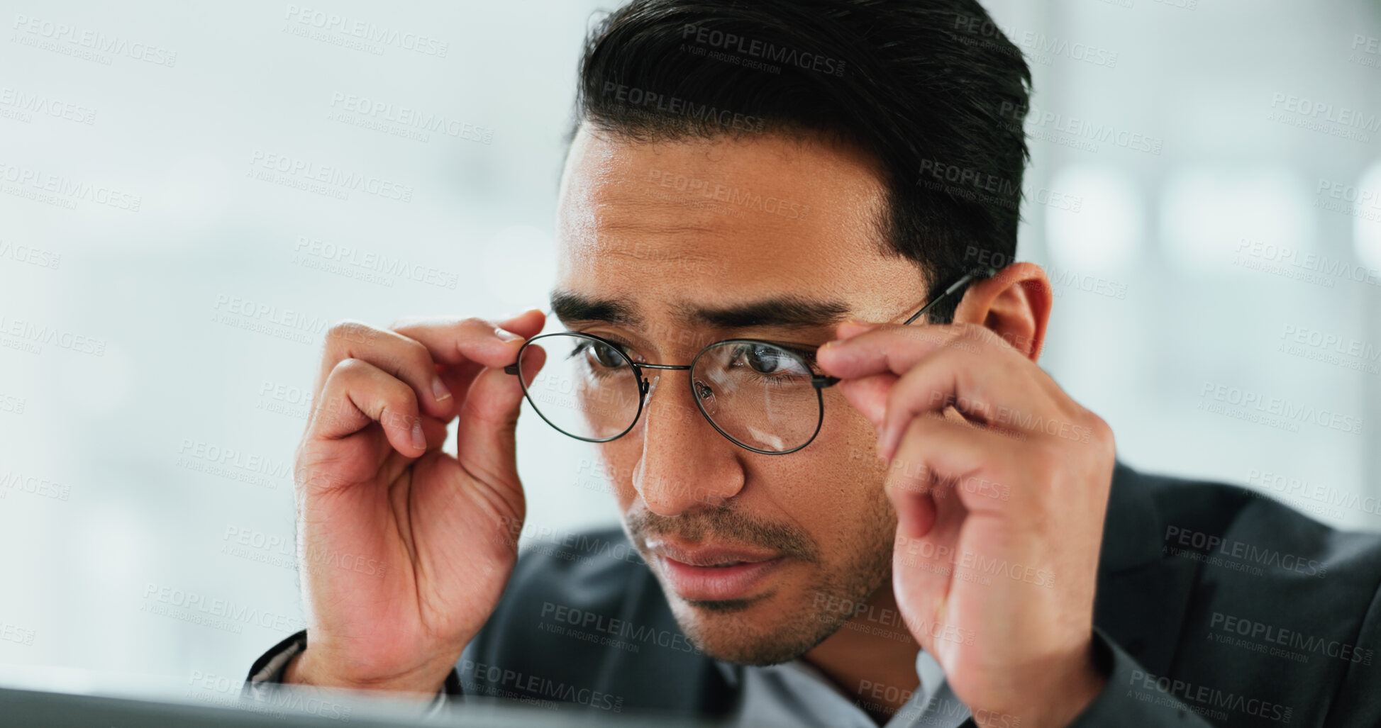 Buy stock photo Glasses, adjust and business man in office for reading email,  budget review and finance update on technology. Spectacles, employee and check report online, face and vision to research on internet