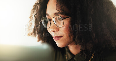 Buy stock photo Face, glasses and laptop with business woman in office for administration, report or research. Accounting, computer and reading with African employee in workplace for financial or wealth management