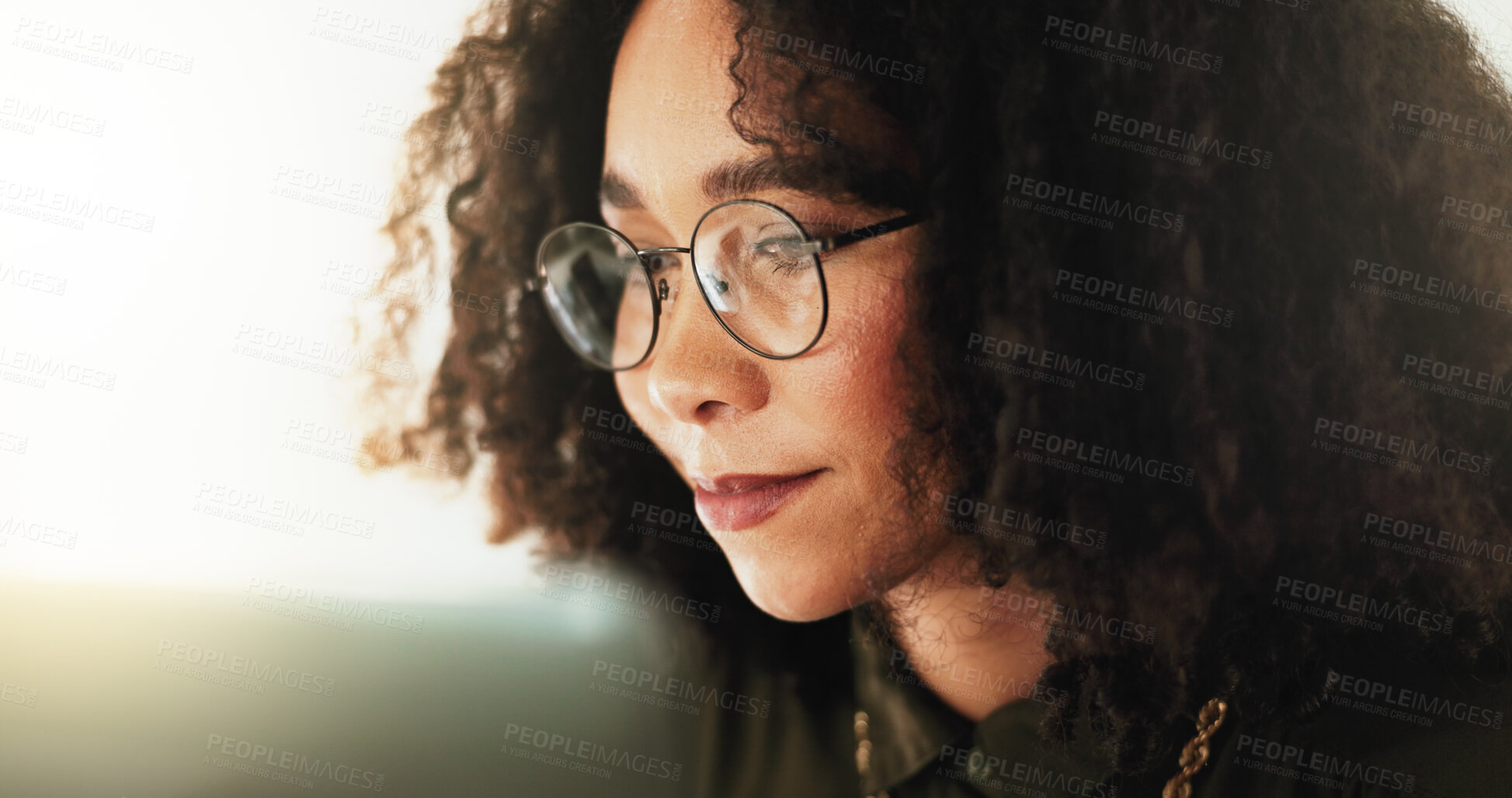 Buy stock photo Face, glasses and laptop with business woman in office for administration, report or research. Accounting, computer and reading with African employee in workplace for financial or wealth management