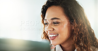 Buy stock photo Face, laptop and smile with business woman in office for administration, report or research. Accounting, computer and profit with happy Brazilian bookkeeper in workplace for financial management