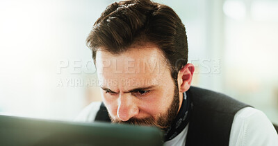 Buy stock photo Concentration, face and laptop with business man in office for administration, report or research. Accounting, bookkeeping and computer with employee person in workplace for financial management