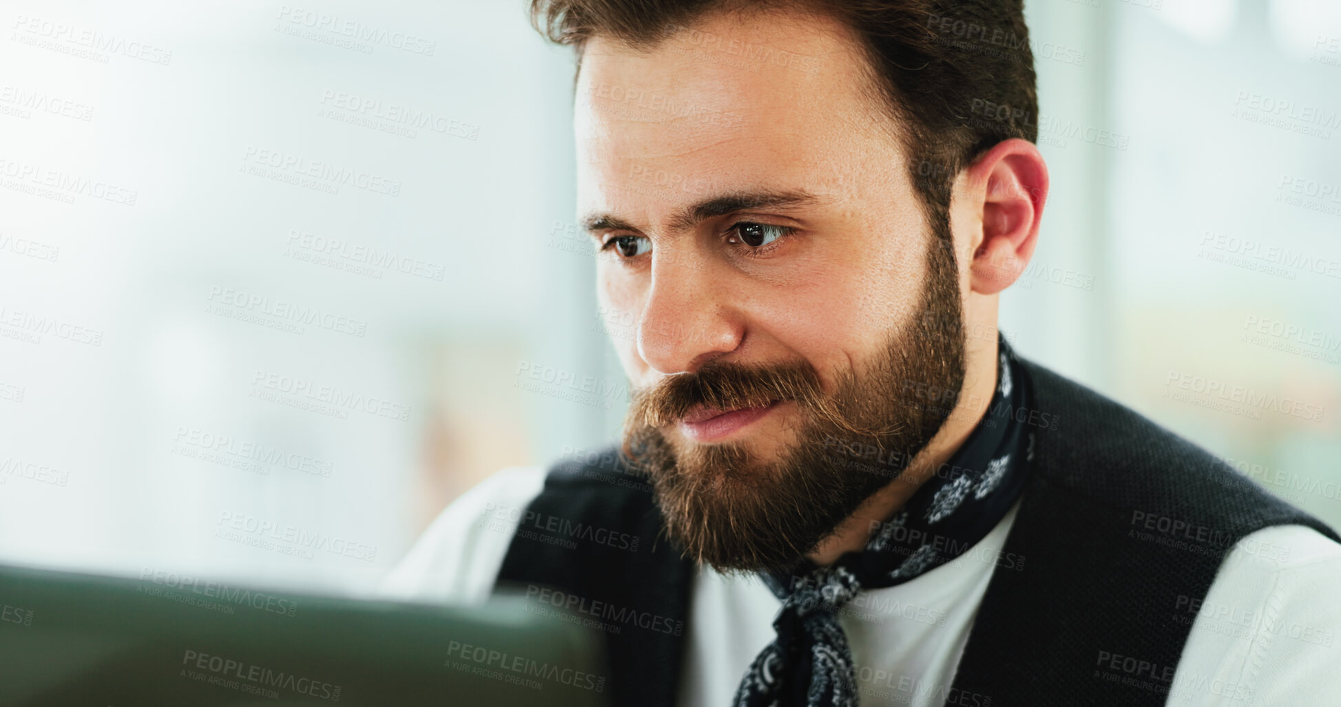 Buy stock photo Happy man, designer and laptop with research for development or creative project at office. Young, male person or employee with smile on computer for online browsing or graphic design at workplace