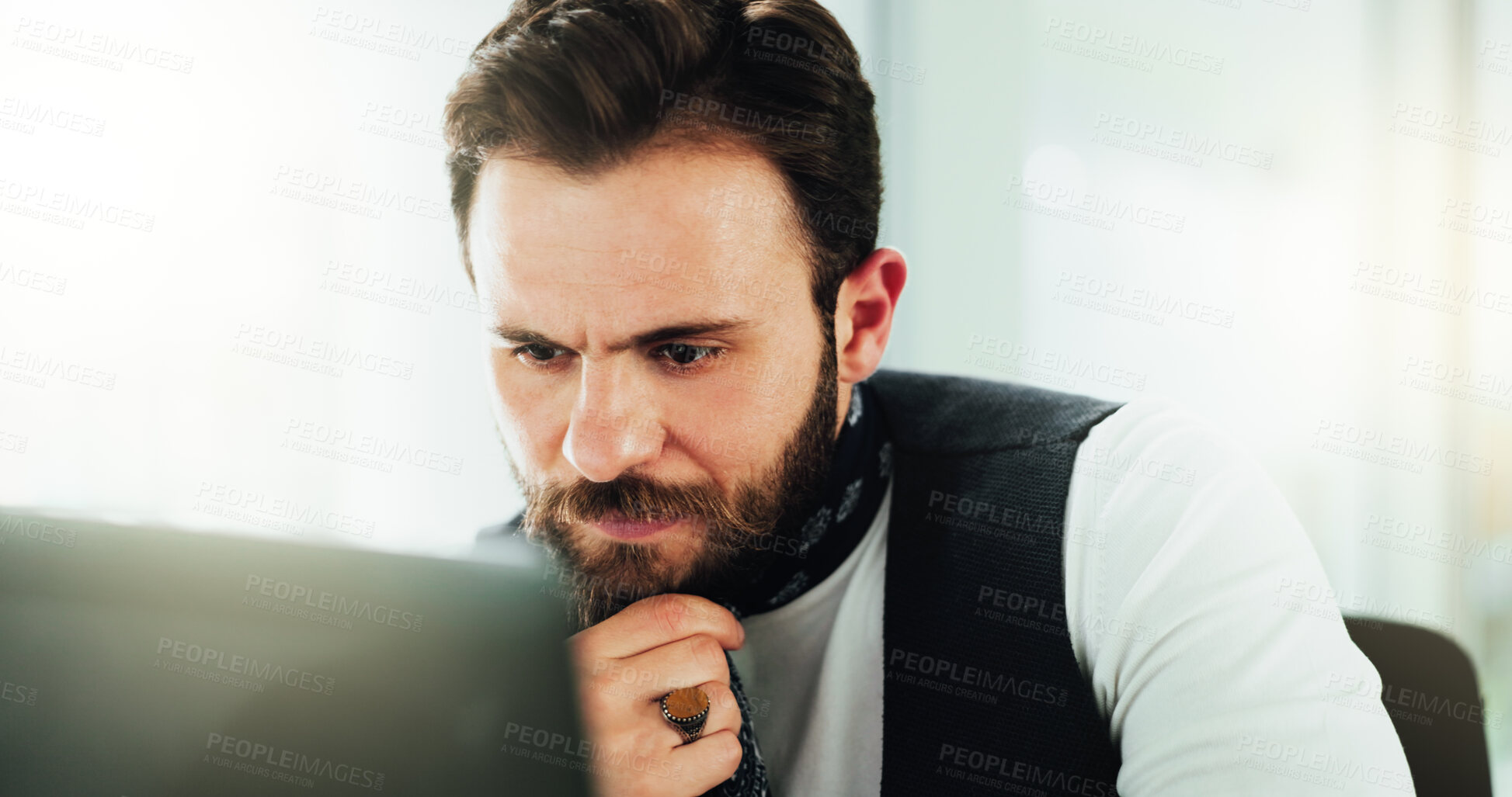 Buy stock photo Face, laptop and problem solving with business man in office for administration, report or research. Accounting, computer and thinking with employee person in workplace for financial planning