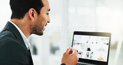 Buy stock photo Online meeting, talking and business man with laptop screen in office for planning, virtual conference and webinar. Communication, speaker and video call with person for feedback and networking