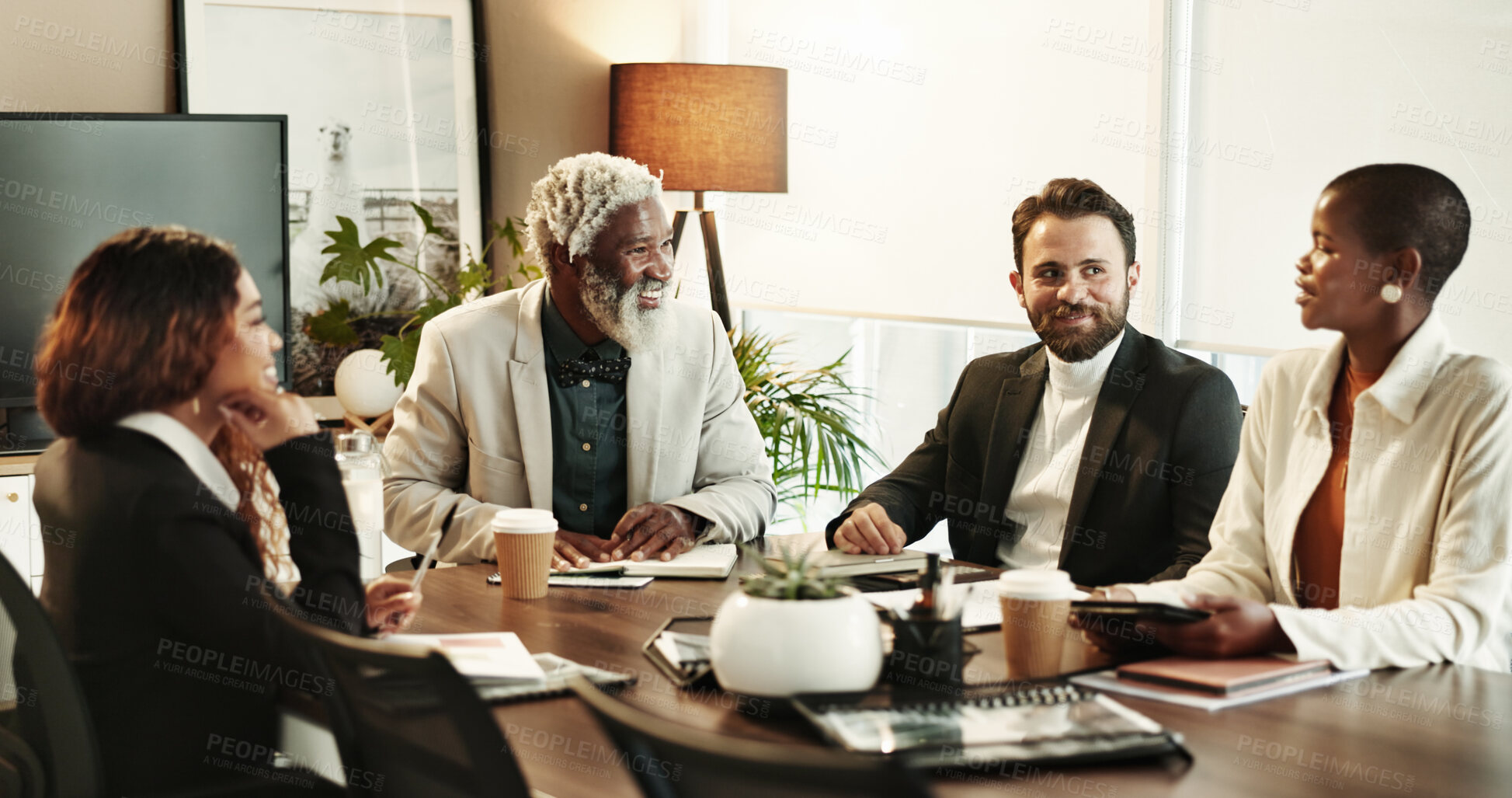 Buy stock photo Feedback, planning and business people in meeting, communication and financial investment. Employees, accounting firm and group in boardroom, negotiation and review for budget report and conversation