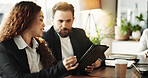 Business people, discussion and meeting with tablet for corporate report, review or analysis at office. Businessman, woman or colleagues with technology for project budget, finance or company funding