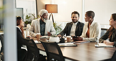 Buy stock photo Group, feedback and business people in meeting, communication and financial company. Employees, accounting firm and planning in boardroom, partnership and conversation for budget report and review