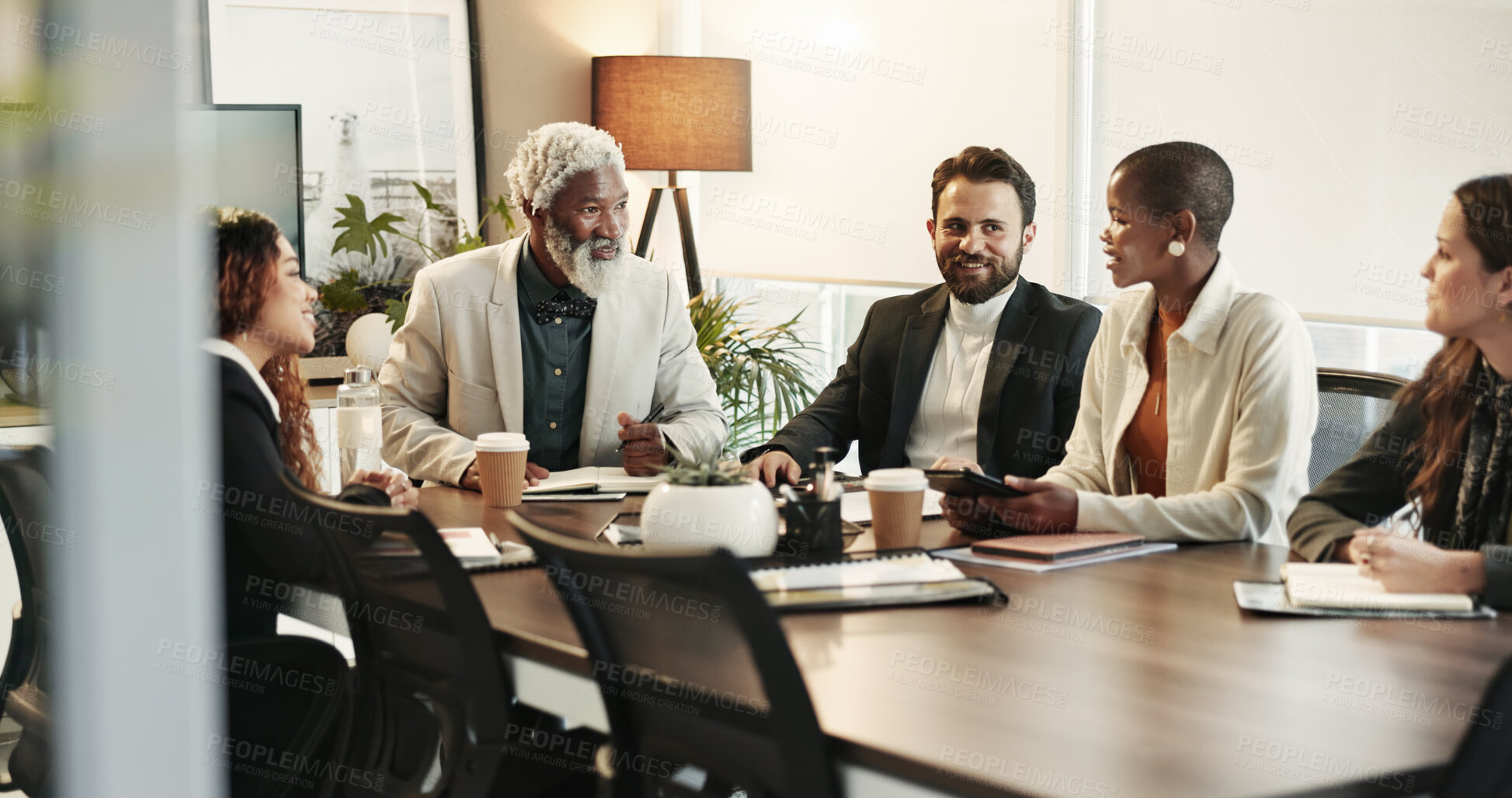 Buy stock photo Group, feedback and business people in meeting, communication and financial company. Employees, accounting firm and planning in boardroom, partnership and conversation for budget report and review