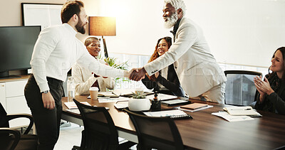 Buy stock photo Business people, happy and handshake in office for deal, new partnership and collaboration. Employees, agreement and applause in workplace with hand gesture, onboarding and recruitment negotiation