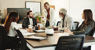 Buy stock photo Business people, discussion and meeting with team for proposal, idea or project management at conference. Group, employees or colleagues with plan or explanation for corporate growth or development