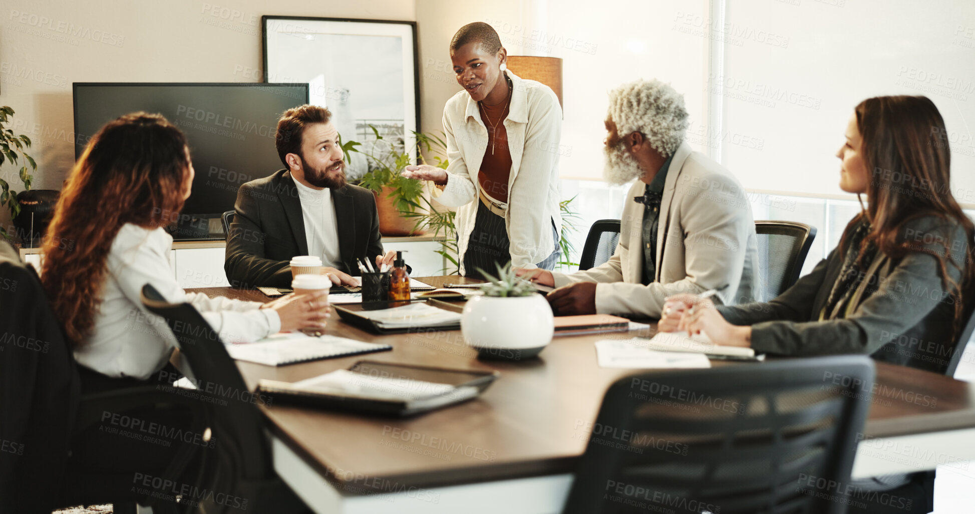 Buy stock photo Business people, discussion and meeting with team for proposal, idea or project management at conference. Group, employees or colleagues with plan or explanation for corporate growth or development