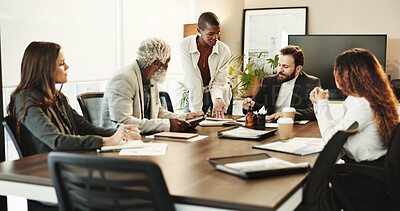 Buy stock photo Business people, discussion and meeting with team for company report, project proposal or ideas at conference. Group, employees or colleagues with plan or documents for corporate finance or profit