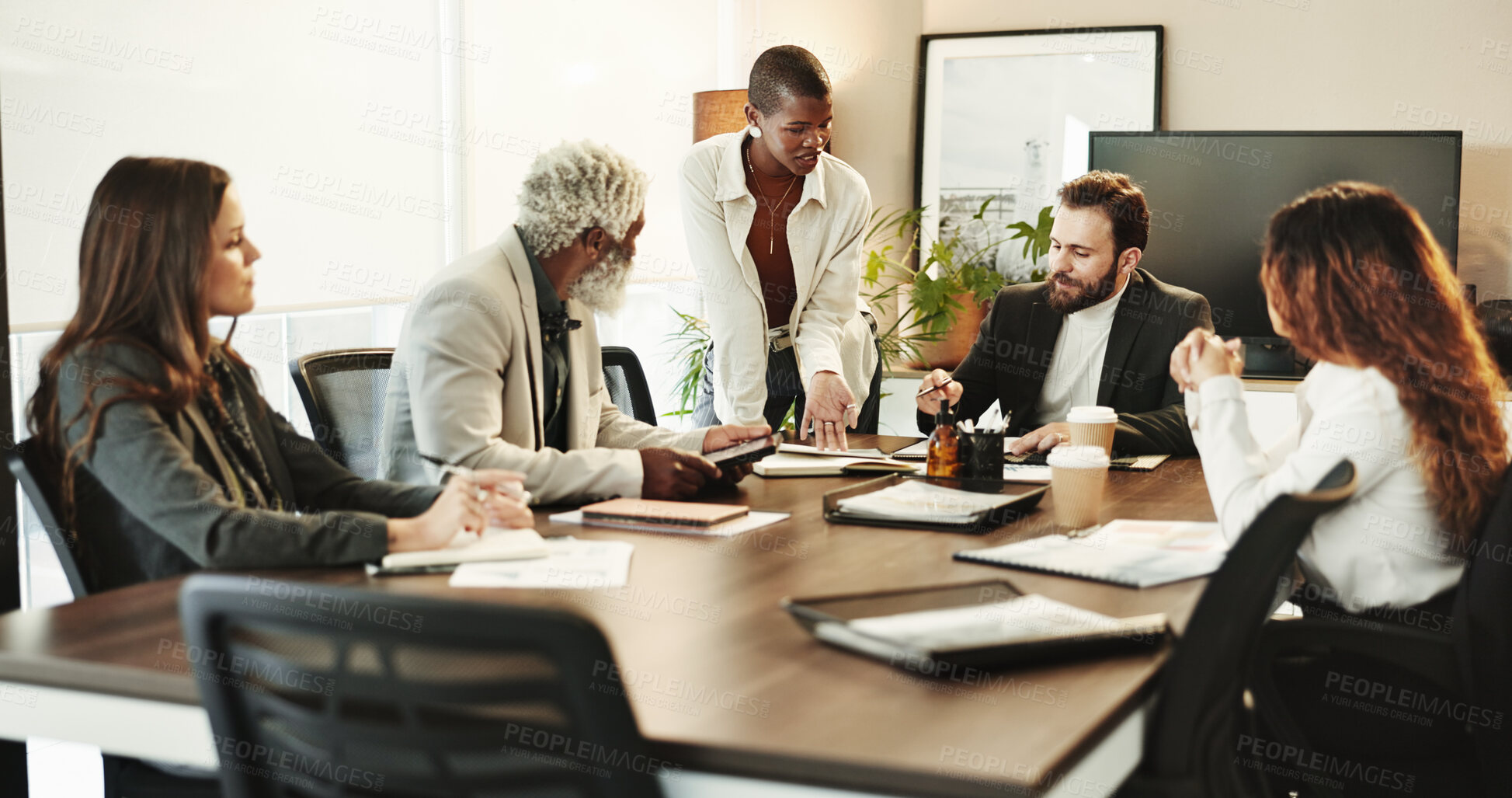 Buy stock photo Business people, discussion and meeting with team for company report, project proposal or ideas at conference. Group, employees or colleagues with plan or documents for corporate finance or profit
