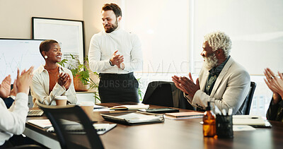 Buy stock photo Business people, happy or applause in office for achievement, good news or project success. Team diversity, excited or clap in workplace for promotion announcement, positive reinforcement or workshop