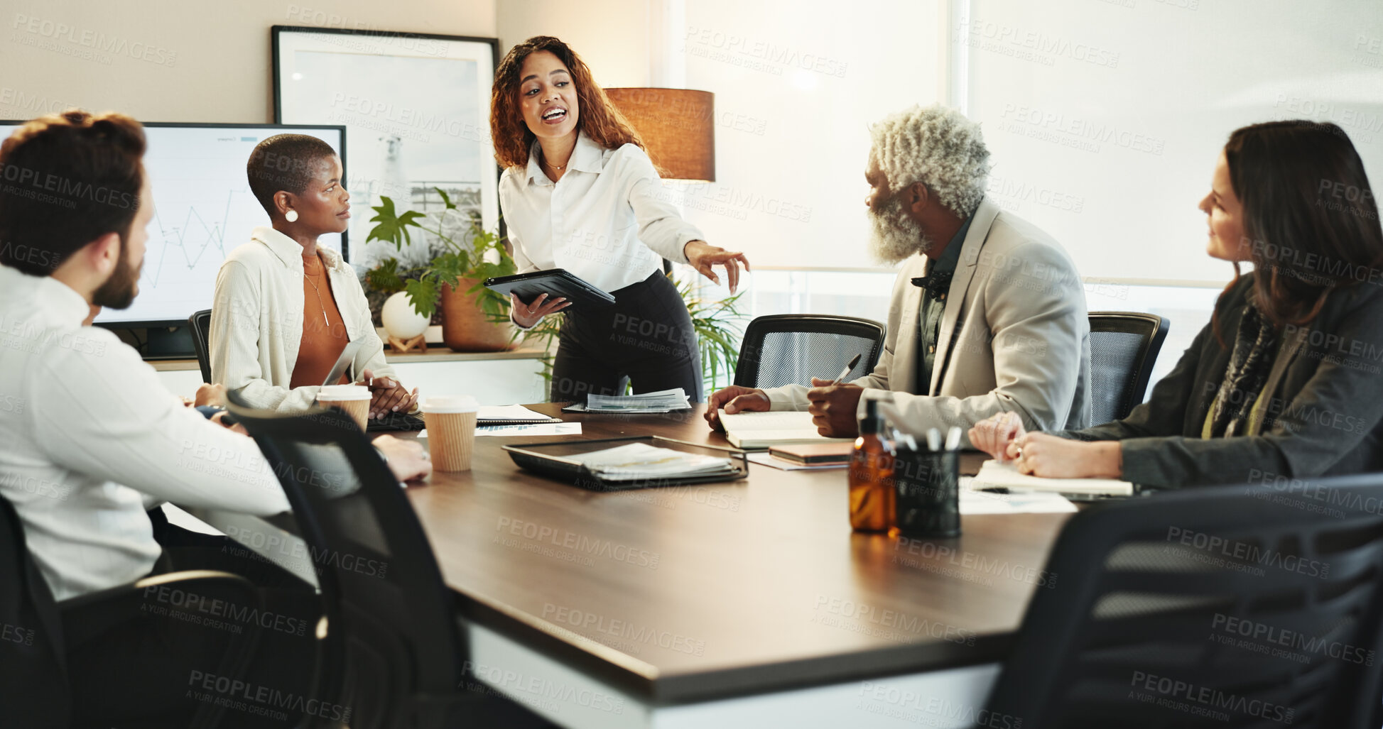 Buy stock photo Business people, tablet and meeting with analytics for finance, company performance or report at office. Group, employees or coaching with technology for presentation, revenue or profit at workplace