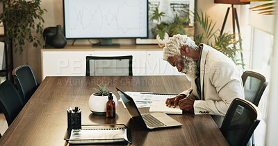 Buy stock photo Finance, investment or stock market with business black man in office boardroom for planning. Laptop, notebook and writing with mature broker or financial analyst at work for portfolio management