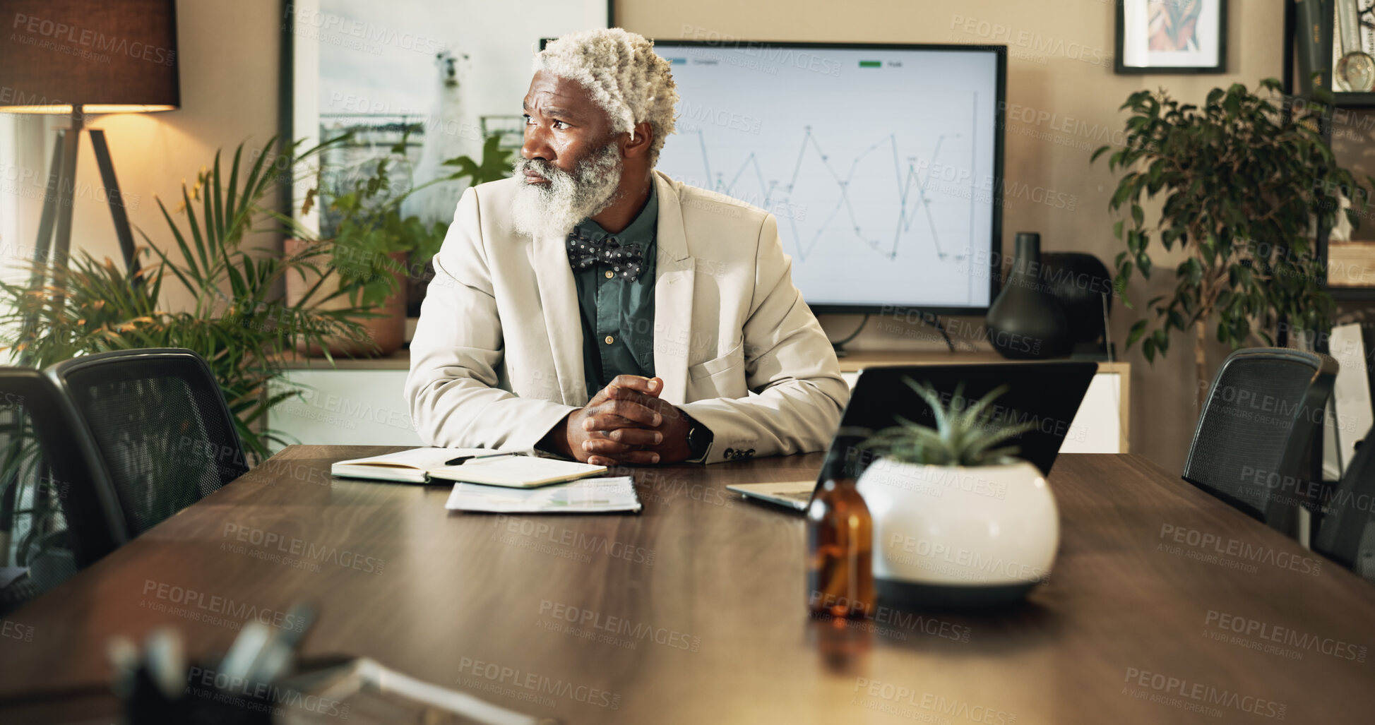 Buy stock photo Manager, thinking and mature black man in business office for finance stats, investment evaluation and serious ceo. Idea, reflection and problem solving, planning project or data analysis for insight