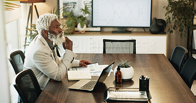 Buy stock photo CEO, thinking and mature black man in business office with paperwork for finance, investment and serious. Idea, reflection and manager problem solving, planning project or decision for data analysis