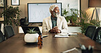 Business, thinking and mature black man in office for finance stats, investment evaluation and serious ceo. Idea, reflection and manager problem solving, planning project or data analysis with doubt