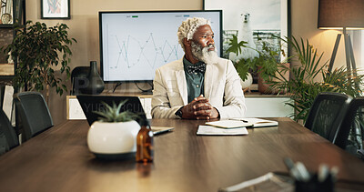 Buy stock photo Business, thinking and mature black man in office for finance stats, investment evaluation and serious ceo. Idea, reflection and manager problem solving, planning project or data analysis with doubt