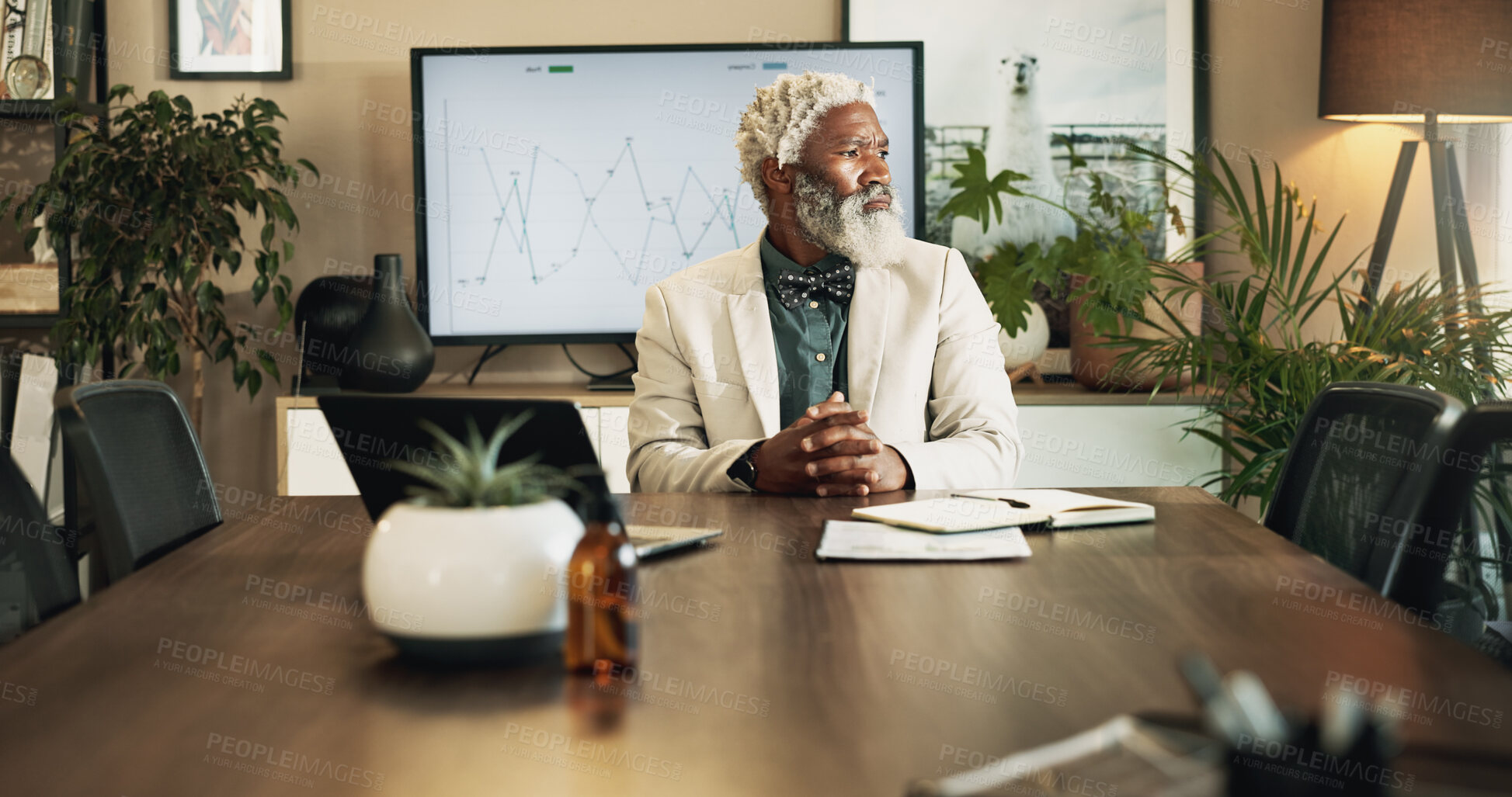 Buy stock photo Business, thinking and mature black man in office for finance stats, investment evaluation and serious ceo. Idea, reflection and manager problem solving, planning project or data analysis with doubt