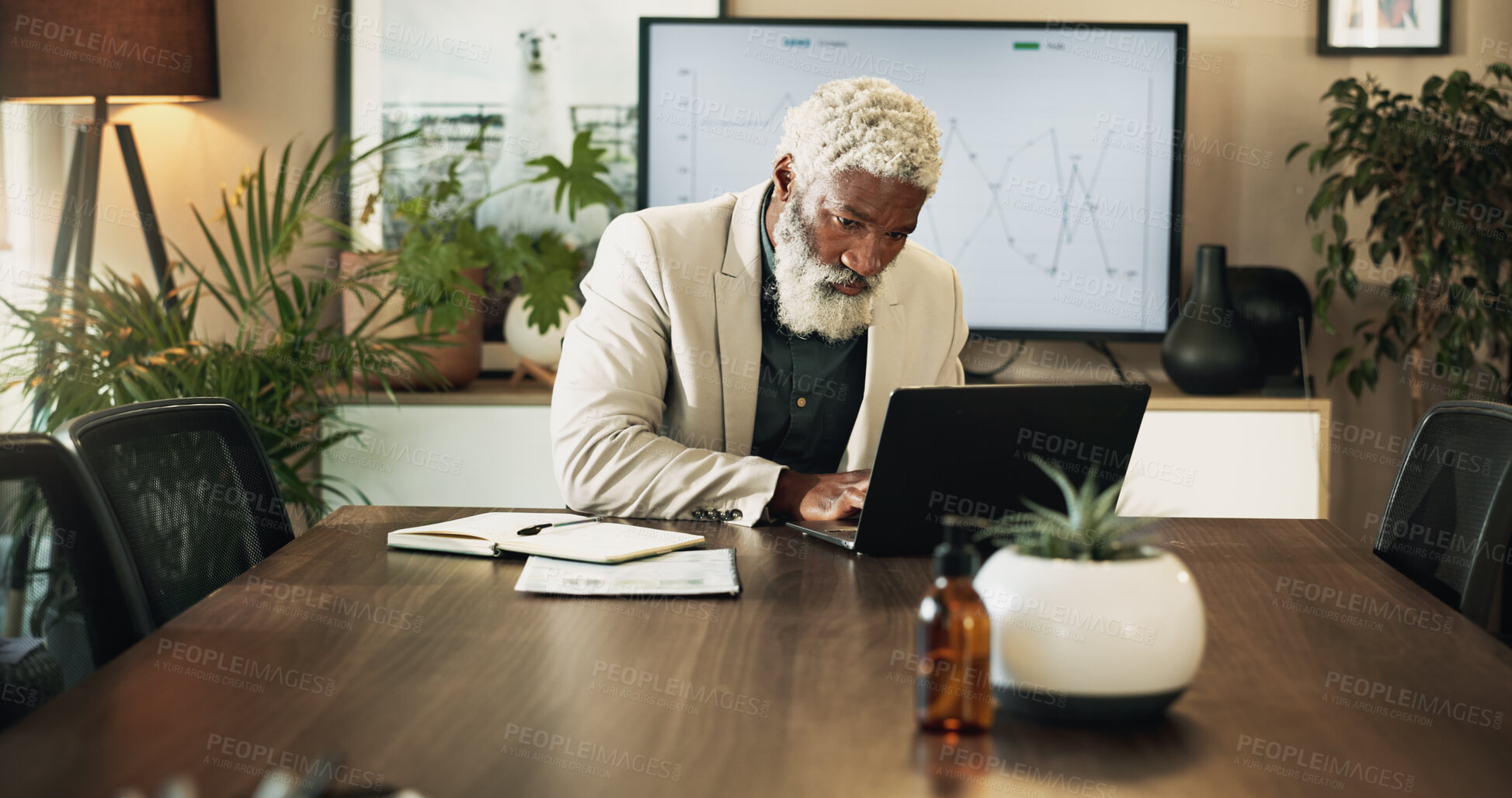 Buy stock photo Business manager, laptop and mature black man typing email, investment report or risk management metrics. Reading, computer and serious ceo check news for financial share price, kpi or data in office
