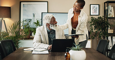 Buy stock photo Business, feedback or technology with black woman and manager in office for advice or assistance. Conversation, laptop and tablet with happy illustrator talking to mentor in workplace for help