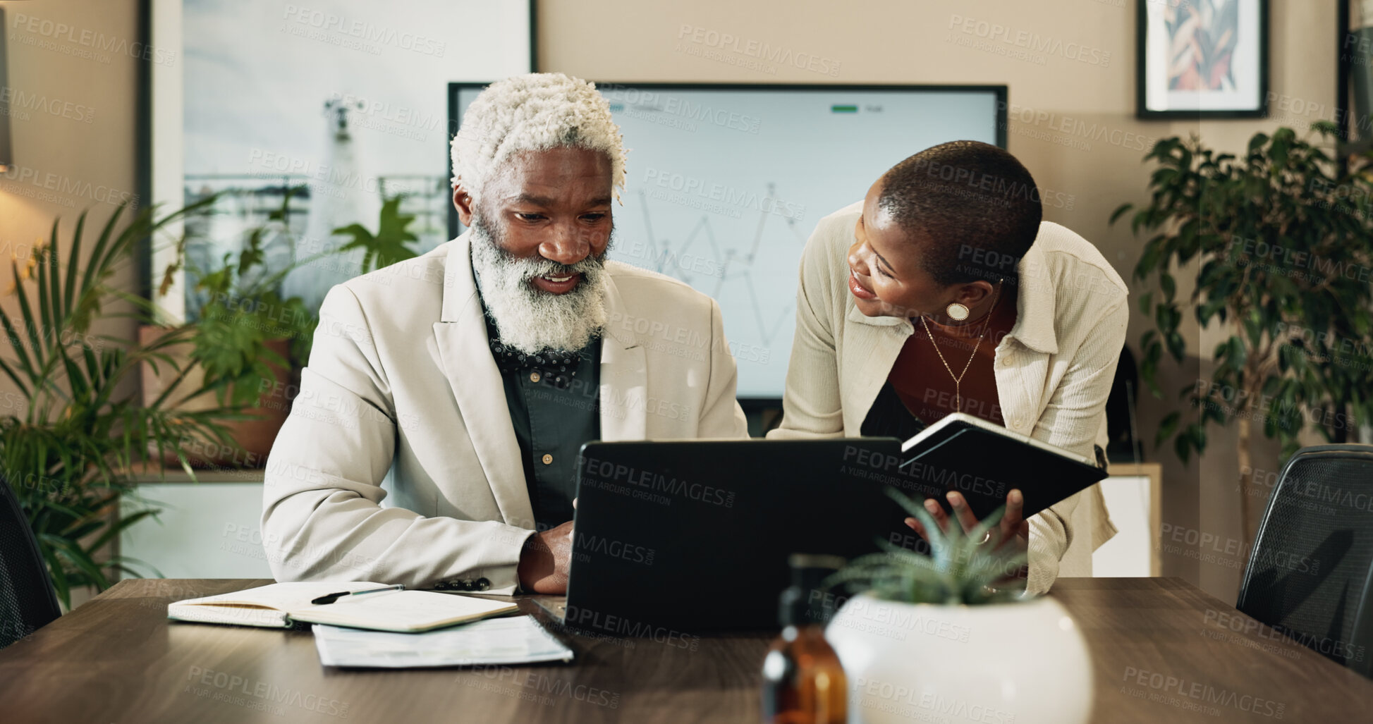 Buy stock photo Business, review or technology with black woman and mentor in office for advice or assistance. Feedback, laptop and tablet with happy employee talking to manager man in workplace for help or report