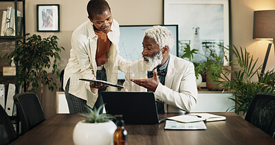 Buy stock photo Business, feedback or technology with black woman and mentor in office for advice or assistance. Conversation, laptop and tablet with employee talking to manager man in workplace for help or report