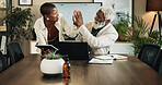 Business people, laptop and high five with teamwork for winning, profit or success at office. Businessman, woman or colleagues with technology for revenue, financial increase or corporate finance