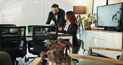 Buy stock photo Laptop, business people and team training, help and feedback for collaboration on financial project. Computer, coaching and mentor teaching intern data analytics, learning and brainstorming in office