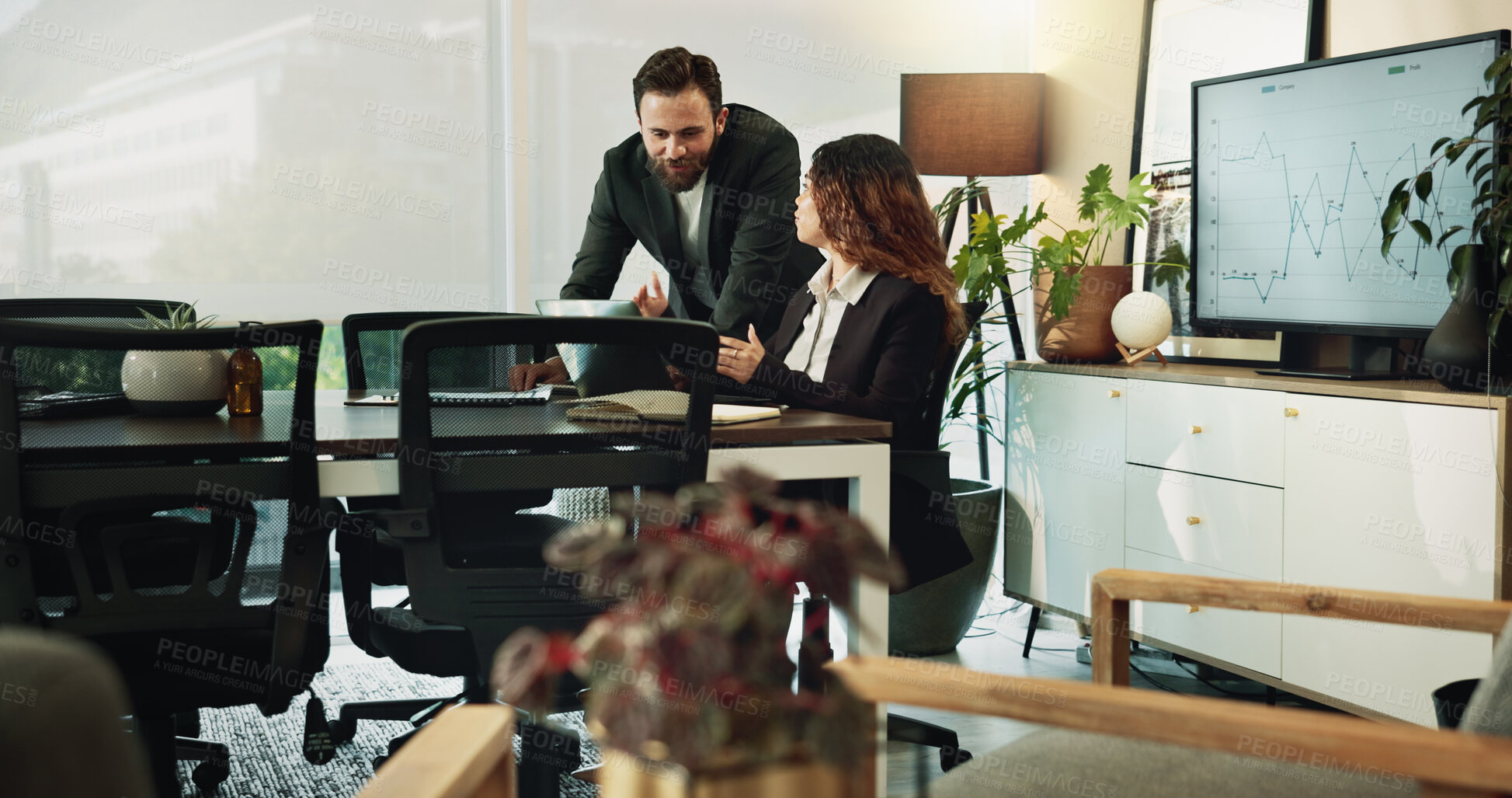 Buy stock photo Laptop, business people and team training, help and feedback for collaboration on financial project. Computer, coaching and mentor teaching intern data analytics, learning and brainstorming in office