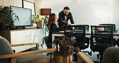 Buy stock photo Laptop, happy business people and team training, help or feedback for collaboration on financial project. Computer, coaching and mentor teaching intern data analytics, learning and planning in office