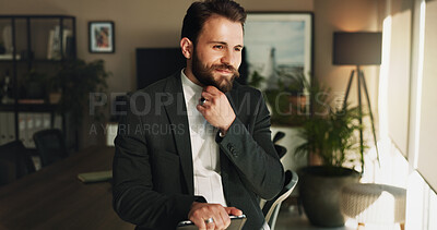 Buy stock photo Business man, tablet and planning in office for financial growth, proposal and brand development with idea. Executive, happy and thinking in workplace for project, company mission and digital agency
