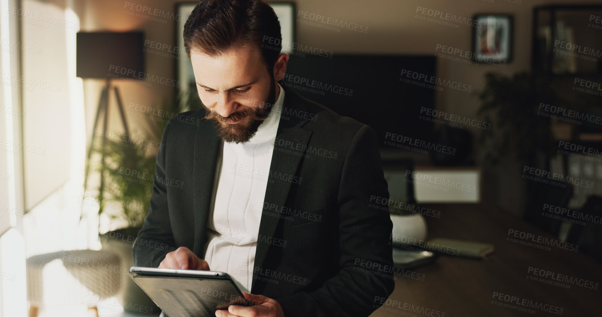 Buy stock photo Litigation, reading and tablet with lawyer man in office for court case preparation or information. Justice, law firm and research with happy attorney in workplace for legal prosecution or trial