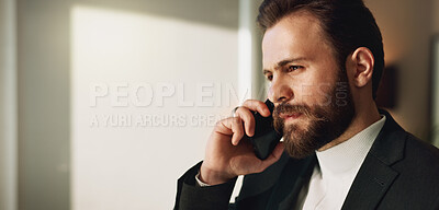Buy stock photo Phone call, businessman and ceo thinking with conversation, communication and negotiation in office. Smartphone, manager and discussion for contract, news and networking deal for b2b company mockup