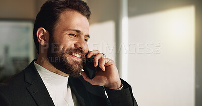 Buy stock photo Happy, businessman and phone call with discussion for proposal, deal or negotiation at office. Man, employee or salesman talking on mobile smartphone with smile for chat or communication at workplace