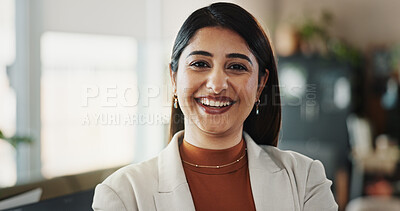 Buy stock photo Proud, smile and portrait of woman, office and paralegal for law firm, business and happy. Corporate person, joy and legal assistant in company, expert and technology for professional and confident