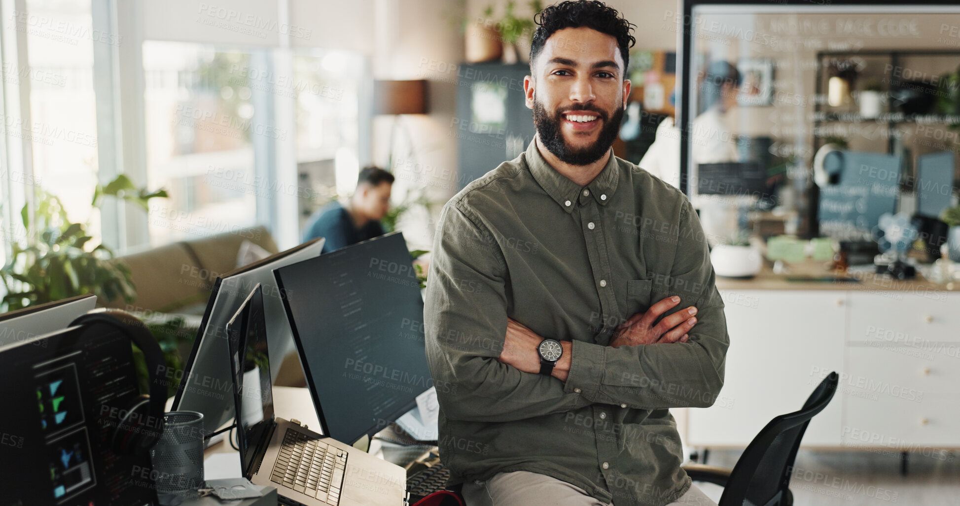 Buy stock photo Portrait, man and programmer with pride in office of software development, website maintenance and coding. Male developer, arms crossed and computer with system update, application and project script