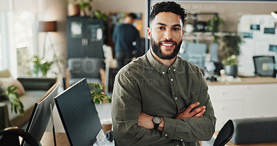 Buy stock photo Portrait, man and programmer with confidence in office of web development, software maintenance and coding. Male developer, arms crossed and computer for system update, application and project script