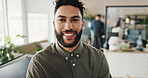 Portrait, man and programmer with smile in office of web development, software maintenance and coding. Male developer, confidence and computer for system update, application script and project safety