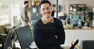 Buy stock photo Portrait, man and confident as developer in office for web development, software maintenance and coding. Person, arms crossed and computer programming of system update, application and project script