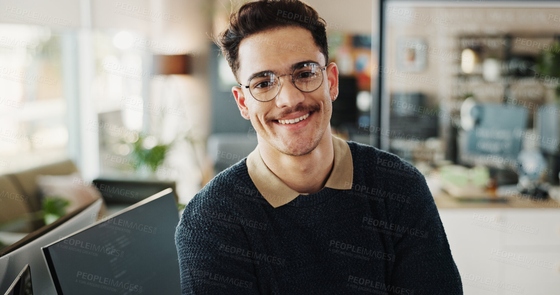 Buy stock photo Portrait, man and happy as programmer in office for web development, software maintenance and coding. Male developer, smile and computer programming with system update, application and project script